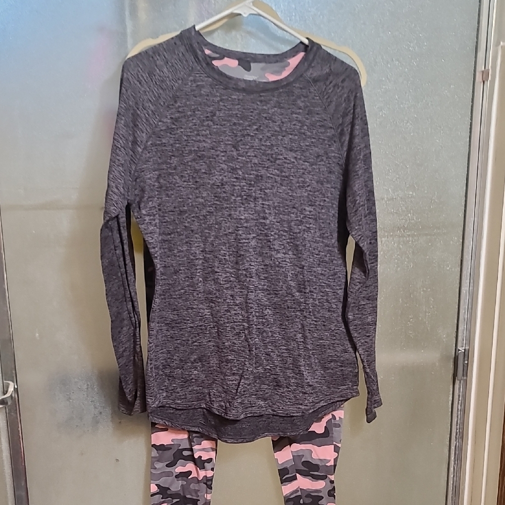 Gray Long Sleeve Top with Camouflage Leggings